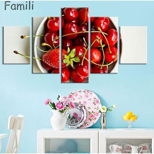 5 Piece Canvas Fruit Paintings, Food Wall Art, Strawberry Modern Picture, Minimalist Decoration Canvas Prints Home Bedroom Decor