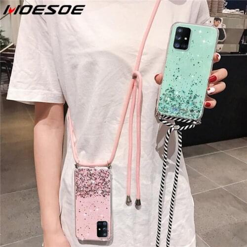 Glitter Silicone Lanyard Case For Samsung Galaxy S21 Plus S20 FE Ultra A51 A71 5G A31 A41 M31 M51 A21S Clear Soft Cover