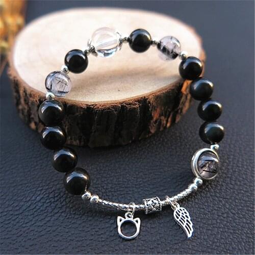 Black Rutilated Quartz Healing Bracelet Women Obsidian Beads 925 Silver Bracelet Jewelry Wing Pendant Obsidian Bead Crystal Gift