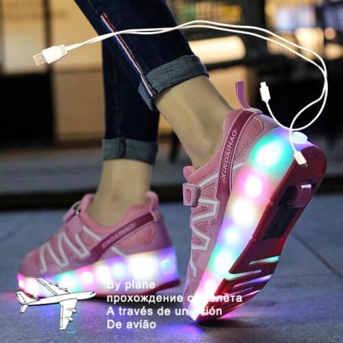 28-40 Pink Black USB Charging Fashion Girls Boys LED Light Roller Skate Shoes For Children Kids Sneakers With Wheels One wheels