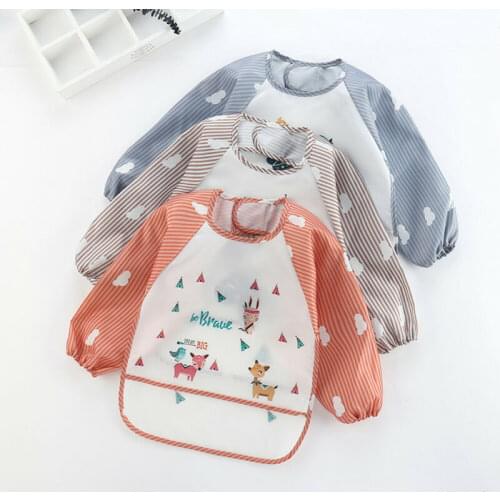 Baby Washable Print Bibs Waterproof Kids Eating Clothing Children Long Sleeves Feeding Smock Bibs Baby Apron Pocket Bandana Bibs