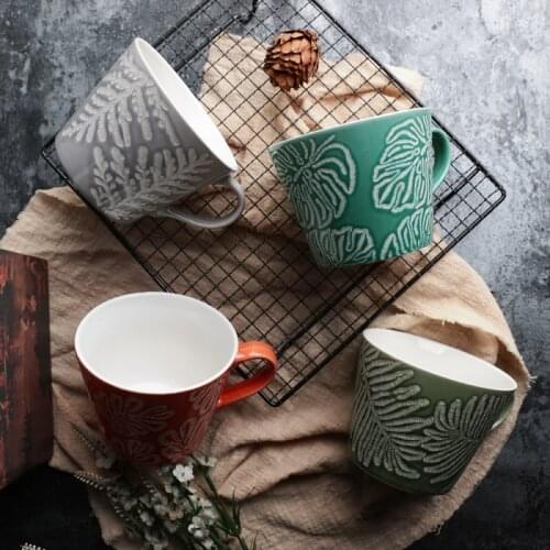 Ceramic Hand Painted Coffee Mug Creative Vintage Cup Cafe Bar Supplies Embossed Personality Breakfast Cup Colorful Handpainted