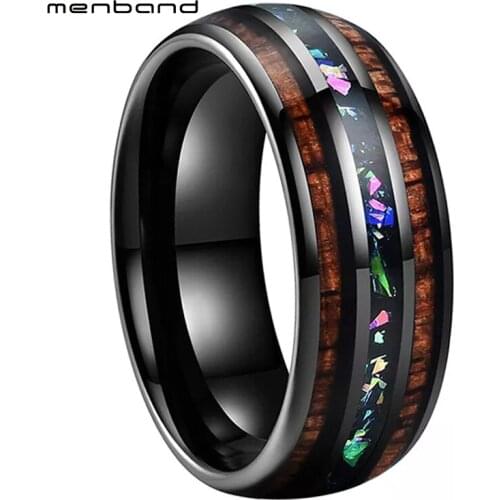 Black Wedding Bands Tungsten Engagement Ring For Men Women With Muticolor Opal and Koa Wood Inlay 8MM Comfort Fit