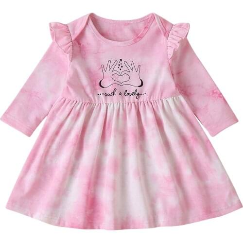 Baby Girl’s Fashion Long-sleeved Dress Sweet Tie-dye Gesture Print Round Neck Children Princess Dress
