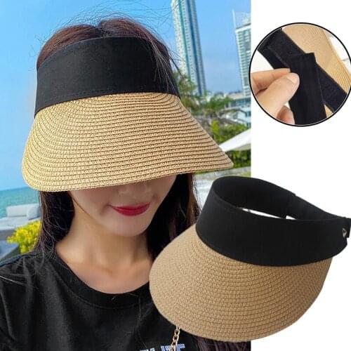Fashion Women Straw Hat Magic Tape Summer Empty Top Hat Sun Protection Outdoor Sports Fishing Beach Panama Hat Sunscreen Caps
