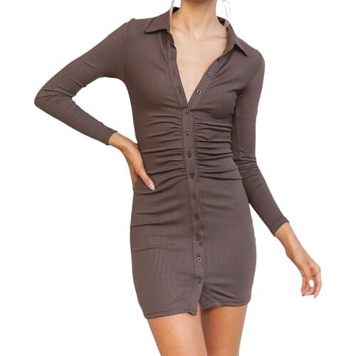 Female Shirt Dress Solid Color Turn-Down Collar Long Sleeve Dress for Ladies Brown Black Orange Green