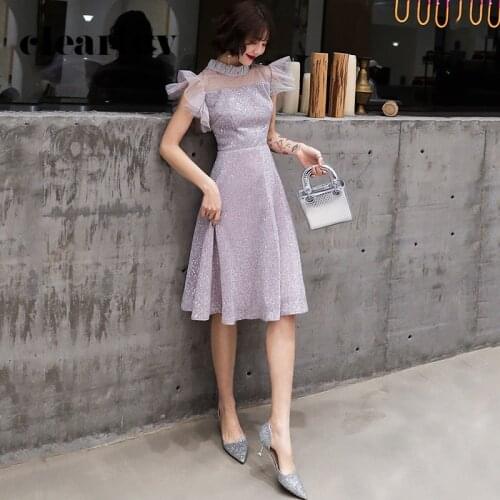Patchwork A-Line Women Party Dresses DR355 Ruched Short Sleeve Prom Dress High Collar Elegant Vestidos Sequined Formal Gowns