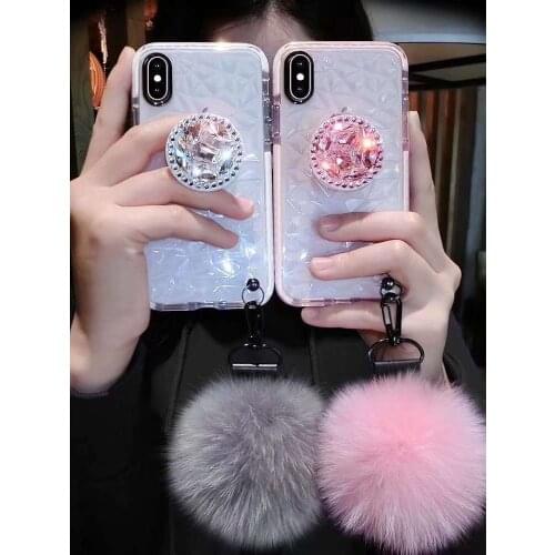 For Samsung Note10 pro S10P TPU Clear Coque Fur Ball+Crystal Bracket+Strap diamond Cover For iphone 7 8Plus XS MAX XR Phone Case