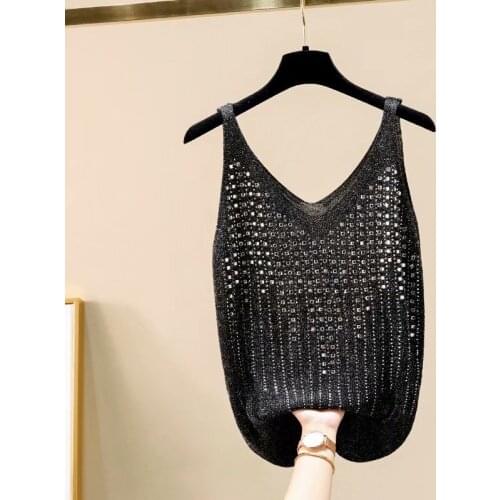 Plus Size Womens Stretchable Summer Tanks with Glitters V-neck Slim Camisoles