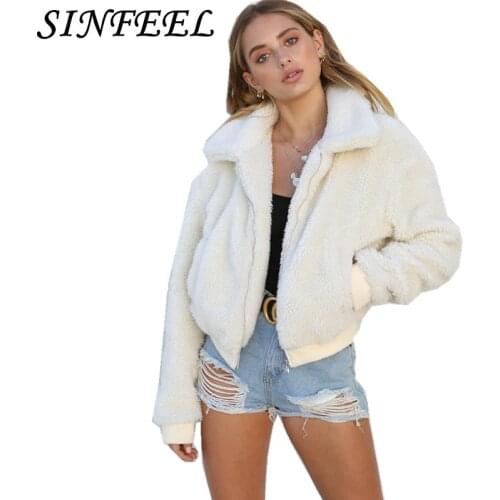 SINFEEL Faux Lambswool Zipper Pocket Oversized Short Jacket Coat Winter Warm Jacket Women Autumn Outerwear Fur Jacket OverCoat