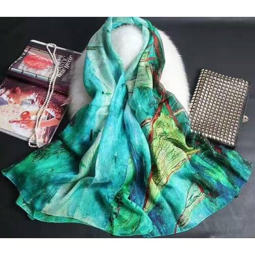 [SLKSCF] 175X135CM Summer green painting silk scarf real silk chiffon pashmina quality pure silk scarves and shawls
