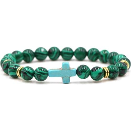 Light Yellow Gold Color Green Turquoises Cross with Many Style Quartz Stone Elastic Bracelet Spiritual Jewelry