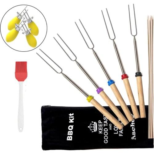 Telescopic Roasting Sticks Extendable Forks Set of 10 Pcs Telescoping Skewers come with Corn Holders Brush for BBQ 32 Inch