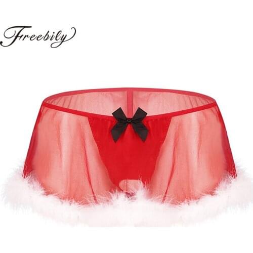 Men Male Sissy Gay Panties Christmas Costume See Through Sheer Lingerie Underwear White Feather Hem G-string Panty Skirt