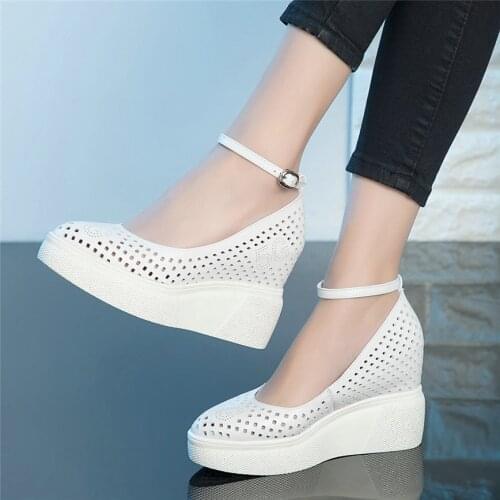 Punk Oxfords Shoes Women Genuine Leather Platform Wedges High Heel Pumps Shoes Female Round Toe Summer Mary Janes Casual Shoes