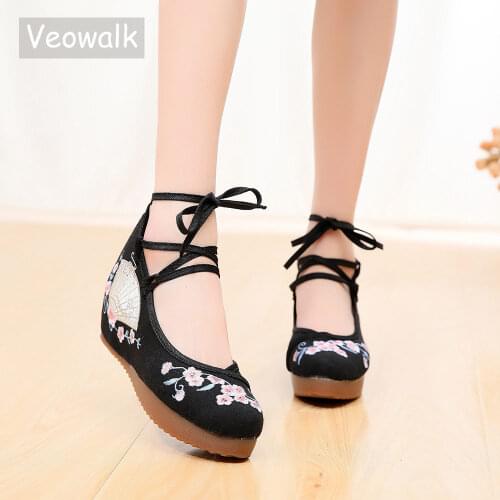Veowalk Chinese Fan Embroidered Women Canvas Hidden Platform Shoes Ankle Strap Retro Ladies Casual Cotton Shoes Comfort Soft