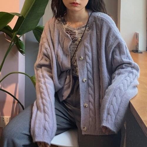 Spring and Autumn New Taro Purple Sweater Jacket Fashion All-match Womens Twist Loose and Lazy Outer Knit Cardigan Short Top