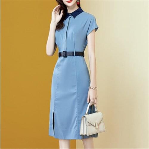 Vintage Shirt Collar High Waist Belt Dress Women New Summer Dress Elegant OL Female Work Dress Slim Office Ladies Dresses N318
