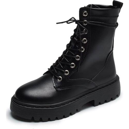 2020 Autumn Winter Ankle Boots for Women Med Heels Lace Up Platform Shoes Woman British Style PU Leather Womens Boots