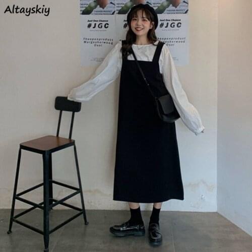 Women Sets Spring Autumn White Loose Shirts Ruched All-match Design Black Strap Dress Preppy Style Harajuku Students 2 Piece New