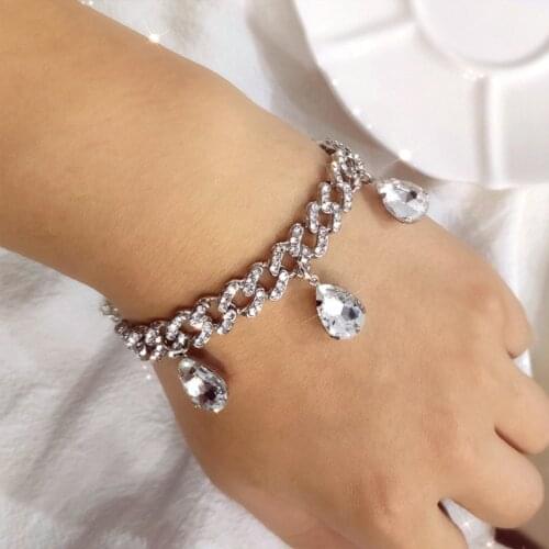 Flatfoosie Bling Iced Out Rhinestone Cuban Link Chain Bracelet for Women Oval Crystal Charm Bracelets On Hand Trendy New Jewelry