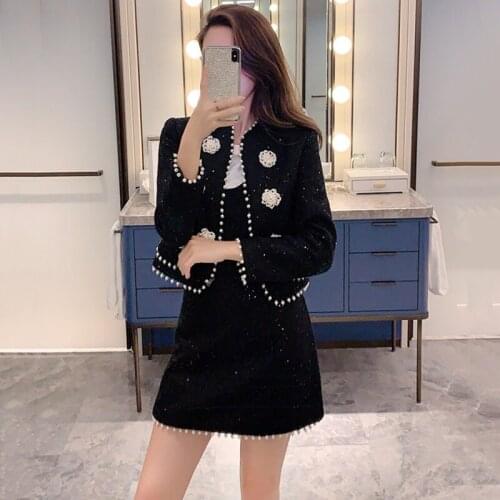 Winter Women Tweed Vintage Two Piece Skirt Suits Sets Beading Coat And A-line Skirt Outfits Sets Elegant Fashion 2 Piece Sets