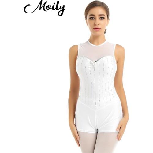 Women Adult Jazz Shorty Unitard Dancewear Gymnastics Leotard Sleeveless Shiny Rhinestones Ballet Dance Costume Stage Performance