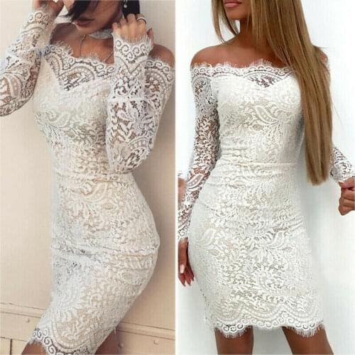 Women Lace Floral Off Shoulder Dress Elegant Solid Color Skinny Bodycon Slim Long Sleeve Mini Short Dress for Evening Party