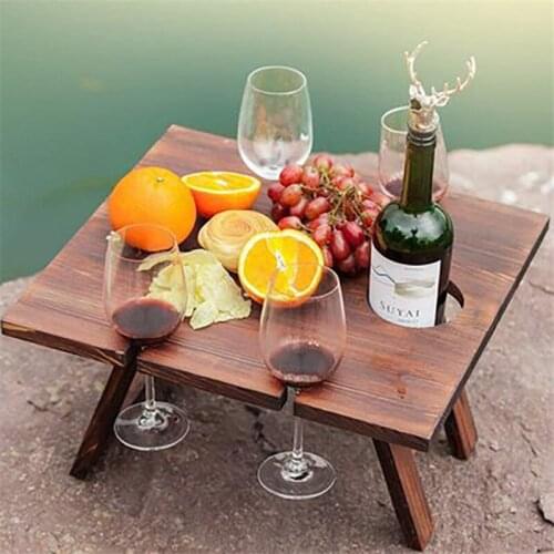 Wooden Folding Picnic Table Portable Wine Rack Table Rectangular Outdoor Folding Camping Desk with Glass Rack Fruit Wine Desk