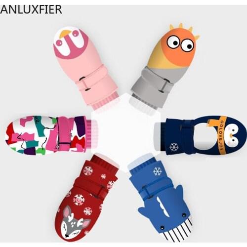 H10011 Children Ski Gloves Winter Warm Thermal Thick Mittens Kids Waterproof Outdoor Play Snow Plush Cartoon Child Hand Muff