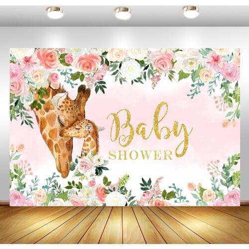 Wild Spotted Deer Baby Shower Backdrop Pink Flowers Baby Shower Party Background for Photography Dessert Table Decorations Props