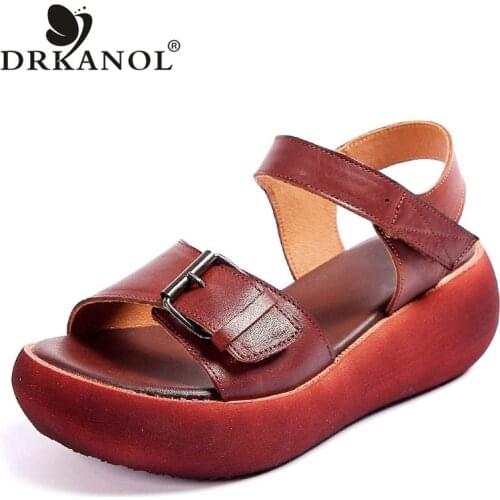 DRKANOL 2021 New Retro Summer Women Sandals 100% Genuine Leather Open Toe Shoes Casual High Heel Wedges Platform Sandals Woman
