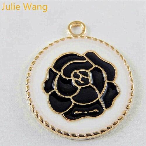 Julie Wang 6PCS Enamel White Balck Flower Pattern Alloy Gold Tone Charms Pendant Earrings Jewelry Making Accessory