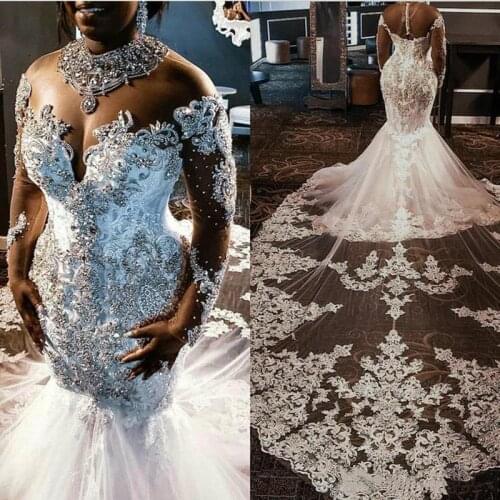 Sheer Mesh Top Lace Mermaid Wedding Dresses Tulle Applique Beaded Crystals Long Sleeves Wedding Bridal Gowns With Long Train