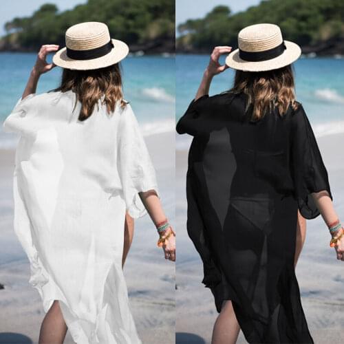 Summer Womens Bikini Cover Up Solid Color Long Sleeve Kaftan Beachwear See Through Ladies Long Cardigan Swimwear Cover Ups