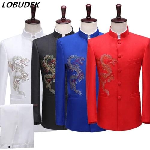 Mens Stand Collar Suits Rhinestones Chinese Tunic Suit Chorus Costume Chinese Host Style Stage Performance Clothes 2-Piece Set