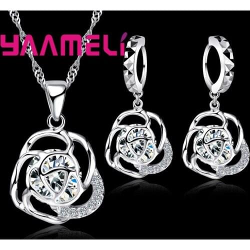 New Crystal Jewelry Sets Women Elegant Hollow Flower Design Party Gift 925 Sterling Silver Necklace Earring Sets