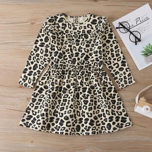 Autumn Winter Toddler Kids Clothes Baby Girls Casual O-neck Dresses Long Sleeved Leopard Print Ruffle Dress Baby Girl Clothes