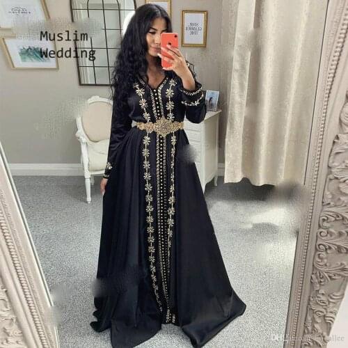Moroccan Kaftan Evening Dress Black Elegant Sexy V Neck Long Sleeve Prom Dresses 2020 Beaded A Line Length Satin Formal Dress