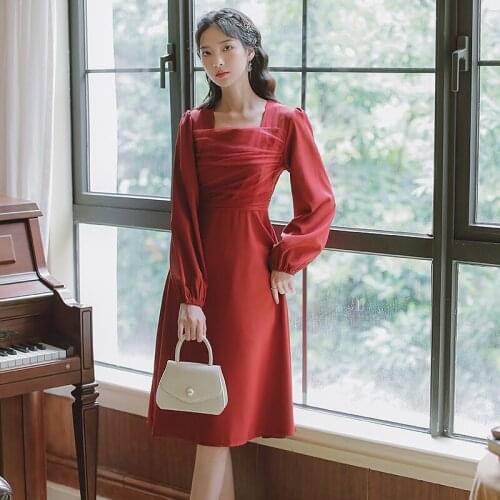 Retro French Dresses Square Neck Mesh Fashion Autumn Gentle Dating Dress Vestidos Elegantes para mujer Solid Color Retro Female