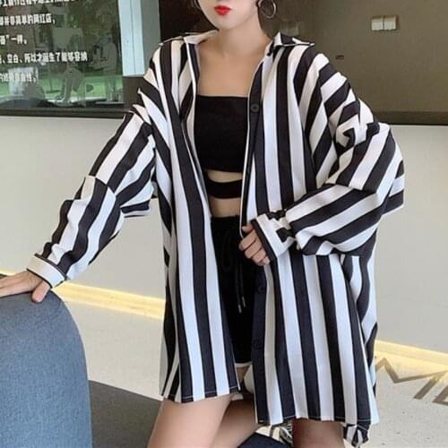 Deeptown Striped Shirts for Women Button Up Korean 2021 Fashion Loose Long Sleeve Blouse Office Ladies Casual Graphic Oversize