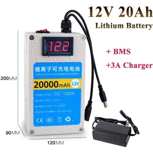 Portable 12v 20ah 20000mah li-ion lithium battery pack rechargeable for backup power 12 cctv camera fishing lamp + 3A Charger