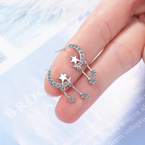 925 Sterling Silver Mosaic Zircon Moon Star Tassel Earring For Women Silver Color Earrings Gift brincos oorbellen S-E813