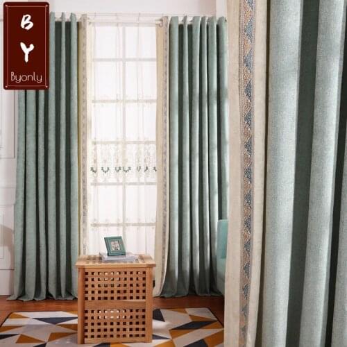 Plain Chenille Stitching Curtain Cloth Finished Girl Room Embroidered Shading Green Curtains for Living Dining Room Bedroom