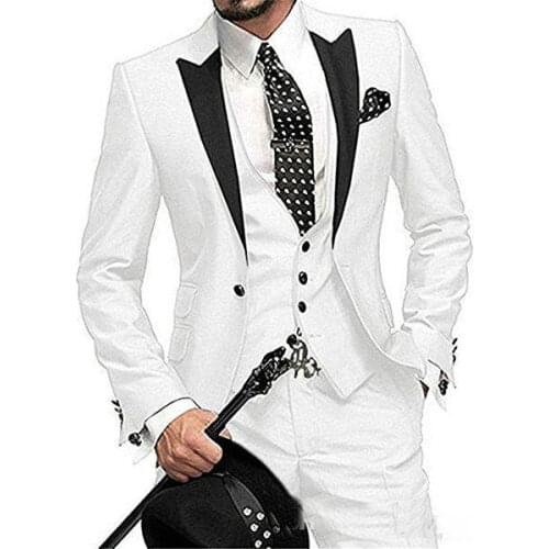2020 Custom Made 3 Piece Formal Groom Wedding Dress Slim Fit White Mens Tuxedo Suit For Prom Party Men Jacket+Vest+Pants