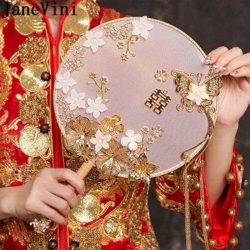 JaneVini Gold Floral Bouquet Bridal Fan Chinese Style Wedding Pearl Rhinestone Bride Bouquets Tassel Flowers Wedding Hand Fans