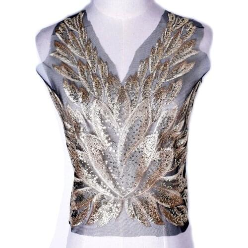 Black Feather Sequin Lace Fabric Mesh Embroidered Gown Appliques Trims Collar Sew Patch For Wedding Decoration Dress DIY