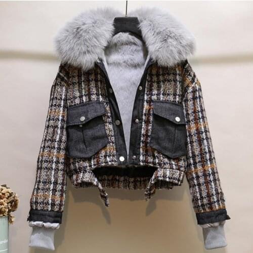 2021 Winter New Plus Velvet Fox Fur Collar Parkas Coat Female Fashion Stitching Denim Plaid Short Jacket Outerwear for Women
