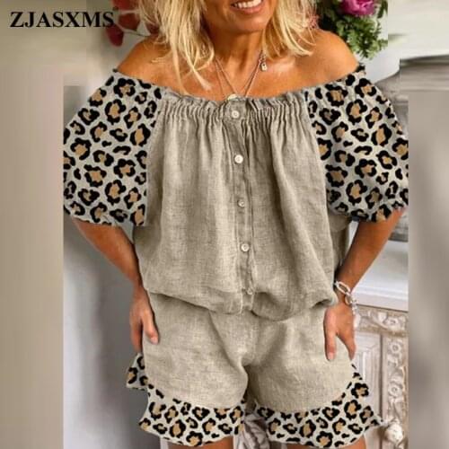 Spring Leopard Print Patchwork Cotton Linen Set Women Slash Neck Button Shirt and Flare Shorts Suit Autumn Pullover 2pcs Outfits