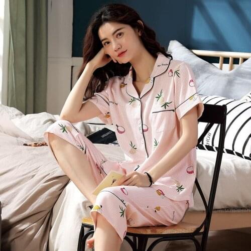 Female summer new cardigan lapel cropped trousers Pajamas For Women Set increased loose Korean cotton home servic